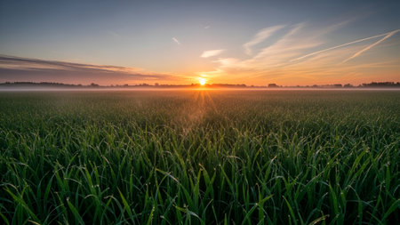 A vibrant sunrise illuminates a lush green field, casting a golden glow across the landscape. The sky is painted with soft hues of orange, pink, and blue.の素材