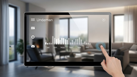 A human hand interacts with a futuristic transparent screen displaying smart home data, set against a blurred modern living room background, symbolizing advanced technology and control.の素材