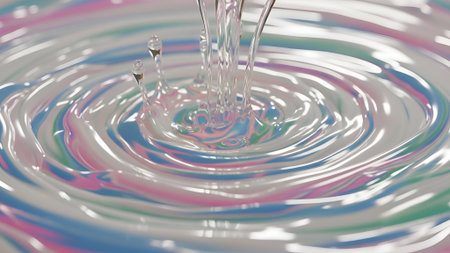 Close-up of water being poured, creating concentric ripples in a pool. The water reflects iridescent pastel colors, creating an abstract and artistic effect.の素材