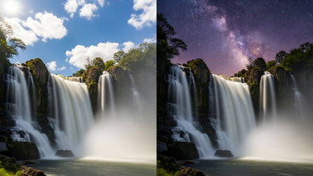 A breathtaking dual image showcasing a powerful waterfall, first under a bright sunlit sky with fluffy clouds, then transformed into a celestial wonder under a vibrant, star-filled night sky.の素材