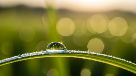 A close-up macro photograph captures a single, perfect water droplet clinging to a blade of grass.の素材