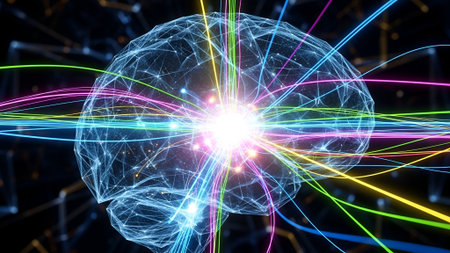 A luminous, translucent human brain model glows intensely, radiating vibrant, multicolored light streams across a dark, abstract background, symbolizing complex thought and neural activity.の素材