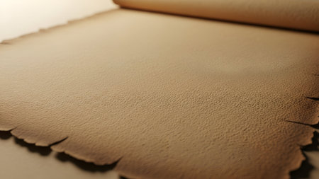 An ancient, blank parchment scroll with dark, burnt edges unfurls, its textured, aged material hinting at a long-lost story or a hidden, mysterious message.の素材
