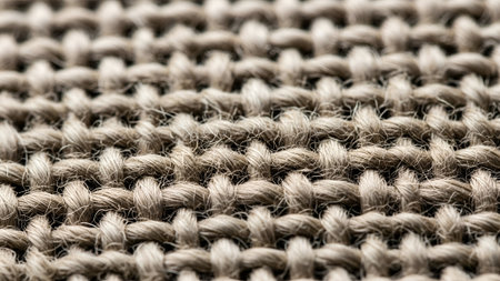 A detailed macro shot of rough, olive green woven fabric, showcasing its intricate texture and individual fibers. Ideal for backgrounds.の素材