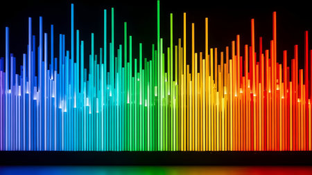 A visually stunning abstract representation of a sound wave, rendered in a vibrant rainbow spectrum against a stark black backdrop.の素材