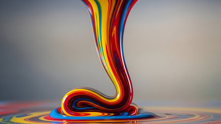 Macro view of colorful, viscous paint in a rainbow spectrum, swirling and dripping, creating abstract patterns and textures.の素材
