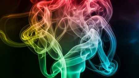 Ethereal wisps of multicolored smoke dance and intertwine, creating a mesmerizing abstract composition with a dark, dramatic backdrop.の素材