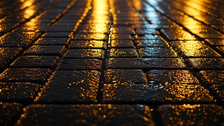 A low-angle shot captures a wet cobblestone street reflecting the warm glow of city lights at night. The wet surface creates a mesmerizing pattern of reflections, enhancing the textures and colors.の素材