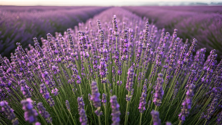 Expansive lavender field with vibrant purple blooms in neat rows, stretching to the horizon. Soft light illuminates the fragrant flowers, creating a tranquil, picturesque natural landscape.の素材