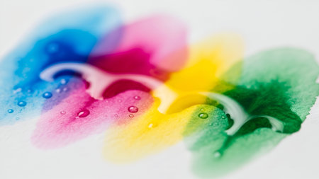 Abstract watercolor painting with vibrant, blended colors and water droplets, creating a fluid and dynamic visual.の素材