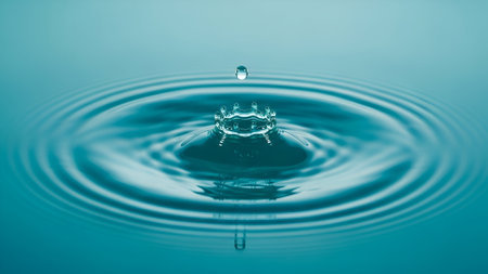 A vibrant teal water droplet forms an elegant crown splash and symmetrical ripples on a serene blue-green surface, captured in a mesmerizing close-up, showcasing fluid dynamics.の素材
