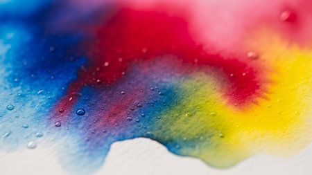 Close-up abstract of watercolor paints blending on a white surface. Vivid red, blue, yellow, and pink hues merge, enhanced by scattered water droplets, creating a fluid, textured effect.の素材