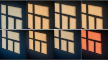 A grid of eight images showing the changing shadows of a window on a dark blue wall, capturing the progression of light and color throughout the day.の素材