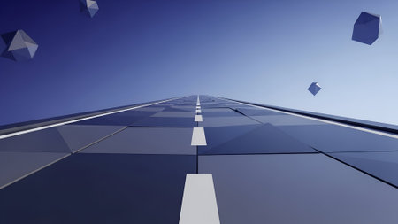 A digitally rendered image of a road receding into the distance, with a low-angle perspective. The road is a geometric construction, with a central white line. Floating cubes are scattered in the blue sky. The lighting is soft, creating a sense of depth and mystery.の素材