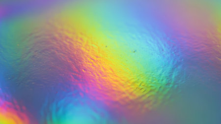 A vibrant, abstract display of rainbow colors shimmering across a textured, holographic surface, creating a mesmerizing play of light and color.の素材