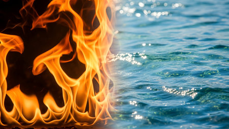 A powerful conceptual image depicting the elemental opposition of a raging orange fire and the calm, sun-dappled blue water of an ocean, symbolizing contrast and duality.の素材