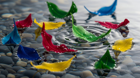 Vibrant red, yellow, green, blue glass leaves float on water, creating gentle ripples and reflections. A serene, abstract, and colorful composition.の素材