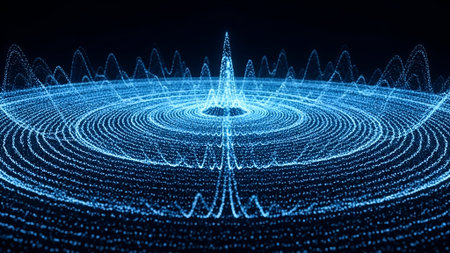 Abstract digital visualization of a vibrant blue waveform, emanating outward in concentric rings and peaks, suggesting sound or energy transmission.の素材