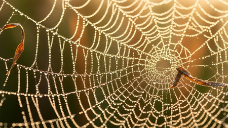 Macro view of a delicate spiderweb glistening with morning dew, illuminated by warm, golden sunrise light, showcasing intricate silk patterns and a sense of natural wonder.の素材