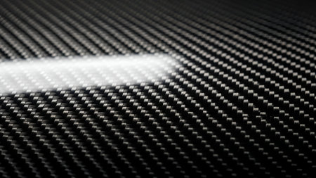 Close-up of a dark, woven carbon fiber surface, showcasing its intricate diagonal pattern. A bright horizontal light reflects, emphasizing the materials sleek, modern, and high-tech aesthetic.の素材