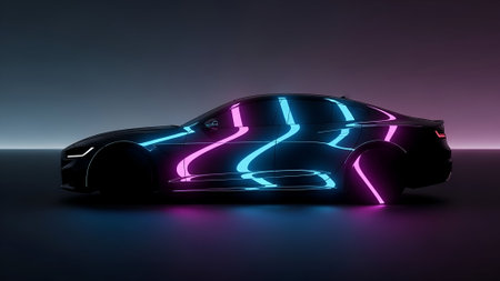 A sleek, futuristic electric car silhouette is illuminated by vibrant neon light trails in blue and pink, set against a dark, gradient background.の素材