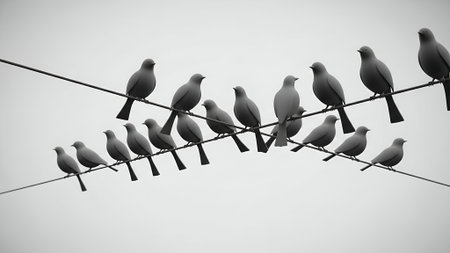 A monochrome image featuring a group of birds perched on wires, creating a linear composition against a pale sky. The birds are evenly spaced, creating a sense of order.の素材