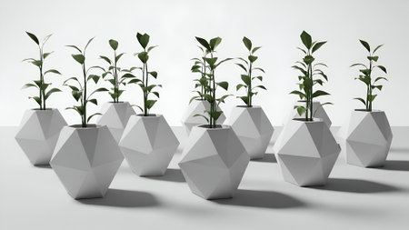 A studio shot showcases a collection of geometric, white planters, each housing a vibrant green plant. The composition is clean and modern, with soft lighting highlighting the textures and forms.の素材