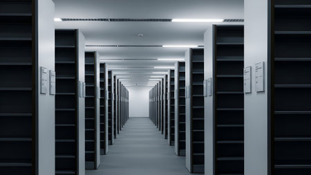 A long, symmetrical shot down a corridor of empty, dark bookshelves in a modern library. The lighting is stark and even, creating a sense of emptiness.の素材