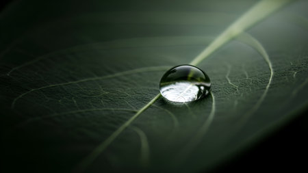 A single, perfect dewdrop rests on a dark, veined leaf, capturing and refracting ambient light in a stunning macro detail.の素材