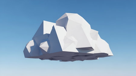 A stylized, low-poly iceberg floats against a gradient blue sky. The geometric shapes and sharp angles create a minimalist aesthetic. The lighting suggests a bright, sunny day.の素材