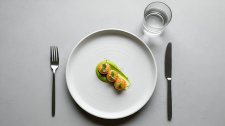 A top-down view showcases a minimalist fine dining presentation. A single white plate holds a small portion of shrimp and avocado puree.の素材