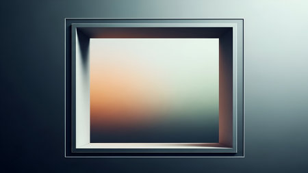 A sleek, dark, reflective frame with subtle depth showcases a smooth gradient from warm orange to cool teal hues, creating a modern abstract aesthetic.の素材