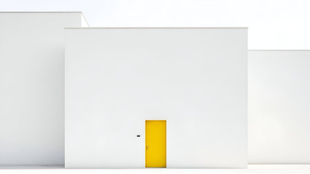 A striking yellow door stands out as the sole point of color on a vast, minimalist white building facade, symbolizing choice, opportunity, and modern design.の素材