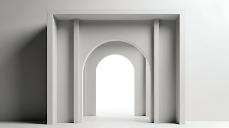 A stark white, minimalist architectural archway with soft, diffused lighting and subtle shadows, creating a serene and modern aesthetic.の素材