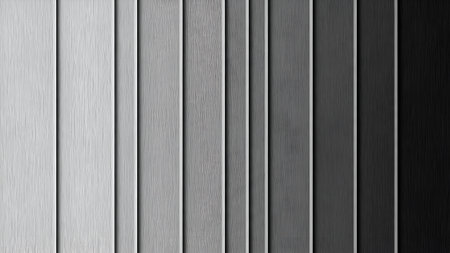 A visually striking abstract composition featuring a series of evenly spaced vertical stripes, transitioning from bright white to deep black, showcasing a smooth grayscale gradient with subtle shadow.の素材