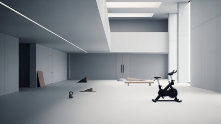 A spacious, minimalist gym interior bathed in soft, natural light. A stationary bike sits prominently in the foreground.の素材
