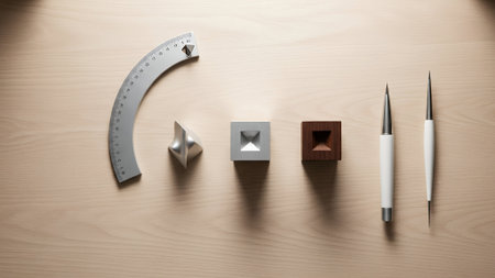 An overhead shot of precision tools including a protractor, geometric shapes, and fine pointed instruments arranged on a beige surface, creating a sense of order and craftsmanship.の素材