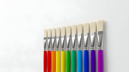 A row of paintbrushes, each with a different vibrant color handle, arranged in a rainbow spectrum against a clean white background.の素材