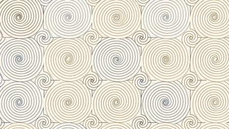 A repeating pattern of concentric spirals, arranged in a grid. The design features beige and grey tones, creating a textured, abstract visual effect.の素材