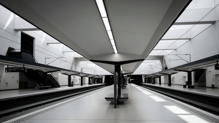 An empty, modern subway station platform in monochrome, featuring symmetrical tracks, minimalist design, and striking overhead lights creating a sense of scale and isolation.の素材