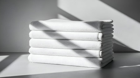 A minimalist composition featuring a neat stack of five white folded linens, dramatically illuminated by strong diagonal sunlight casting sharp shadows.の素材