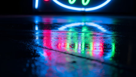 Close-up of a vibrant neon sign's reflection on a wet, dark urban surface at night. Abstract streaks of blue, green, and red light create a mesmerizing, dynamic glow.の素材