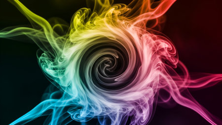 Vibrant, swirling smoke forms a mesmerizing rainbow vortex against a deep black background, creating an energetic and abstract visual spectacle.の素材