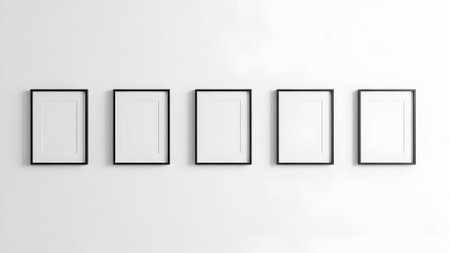 Five empty black frames line a pristine white wall, creating a modern, minimalist art display. Bright, even lighting emphasizes the clean, sleek design, perfect for mockups.の素材