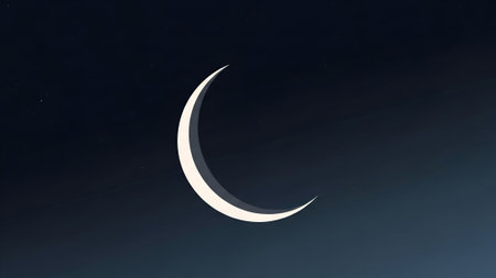 A luminous, sharp crescent moon hangs in a vast, deep indigo night sky, subtly textured with distant, faint stars, evoking a sense of cosmic wonder.の素材