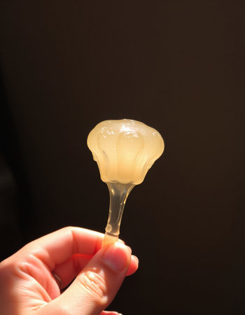 Female hand holds a jelly on a black background. Close-up.の写真素材