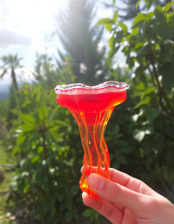Red jelly in hand on the background of the sea and palm treesの写真素材