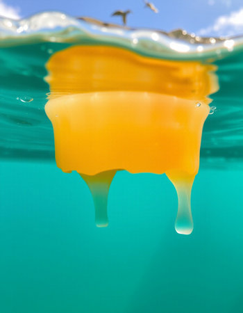 Close-up view of yellow honey drop falling into blue water.の写真素材