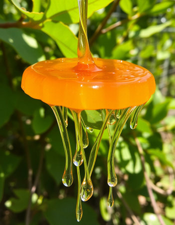 Honey dripping from a drop of orange color on a green background