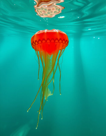 Jellyfish floating in the water. Jellyfish is a large, brightly colored jellyfish with a silvery-white bell-shaped body.の写真素材